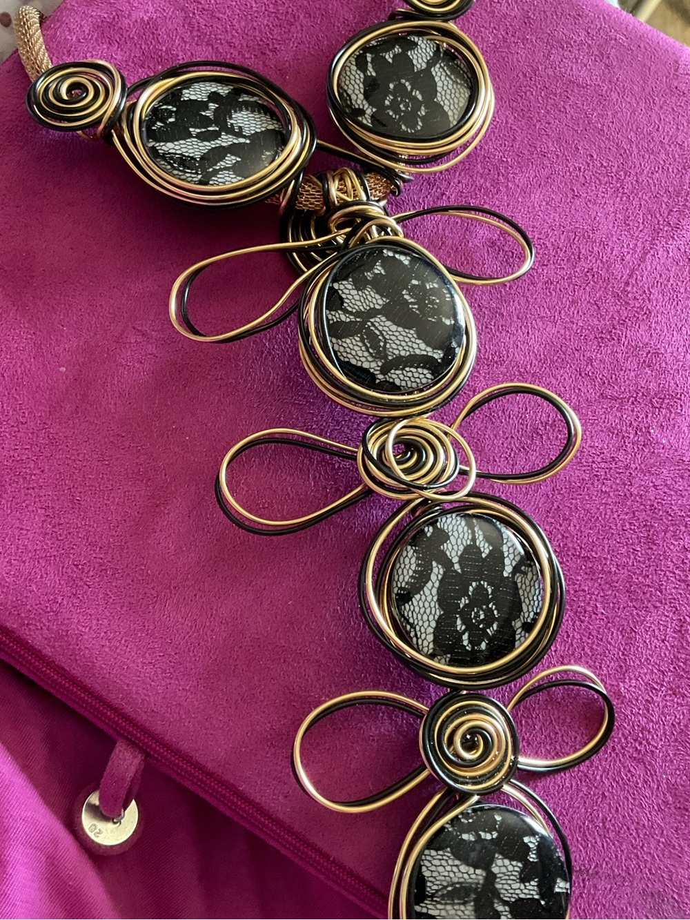 Statement Black Lace Pattern Gold and Black Wire Pendant Necklace, 18”